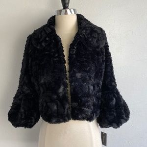 Tacera Womans Jacket Medium Faux Fur Black Shrug Open Bolero 3/4 Sleeves Lined